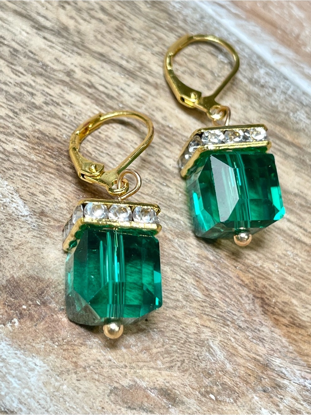 Gold-Tone Emerald Green SquareCube Crystal Drop Earrings with Rhinestone Accents